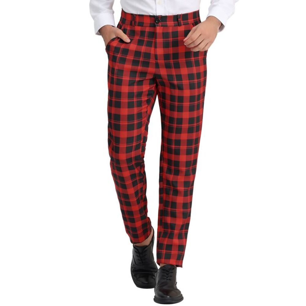 Red Plaid Pants Regular Fit Flat Front Classic Elastic Waist Suit Pants